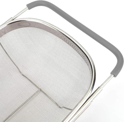 AJIODA Over The Sink Colander, 6 Quarts Stainless Steel Oval Colander with Expandable Rubber Grip Handle, Fine Mesh Strainer Baskets Kitchen Colanders for Strain, Drain, Rinse Vegetables, Fruits, Grey