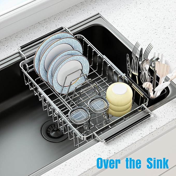 Expandable Over The Sink Dish Drying Rack, Anti-Rust Stainless Steel in Sink Dish Drainer with Cutlery Holder, Counter Space Saving Sturdy Sink Drying Rack for Many Kitchen Drain Task - Image 4