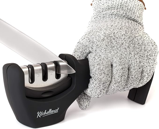4-in-1 Kitchen Knife Accessories: 3-Stage Knife Sharpener Helps Repair, Restore, Polish Blades and Cut-Resistant Glove (Black) by KITCHELLENCE
