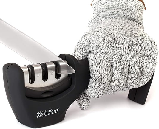 4-in-1 Kitchen Knife Accessories: 3-Stage Knife Sharpener Helps Repair, Restore, Polish Blades and Cut-Resistant Glove (Black) by KITCHELLENCE