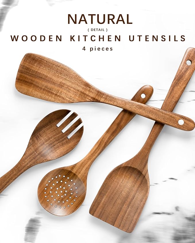 Wooden Spoons for Cooking, Nonstick Cooking Utensil Set with 4 Piece Acacia Wooden Spatulas and Spoons for Cooking, Terrific for Everyday Kitchen Tasks - Image 6