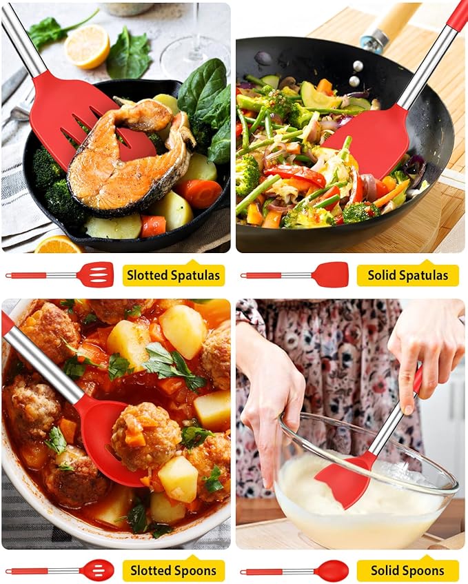 Pack of 4 Silicone Cooking Utensils Set, Non Stick Large Solid Spatulas, Heat Resistant Slotted Spoons, Ideal BPA Free Kitchen Turners for Frying, Mixing,Serving,Draining,Turning,Stirring (RED) - Image 3
