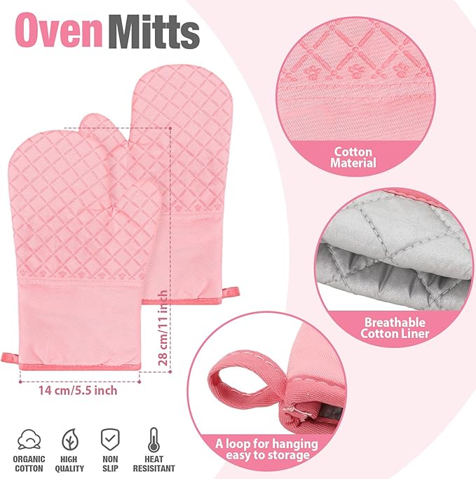 Sumind Pink Oven Mitts and Pot Holders 7 Sets, Heat Resistant Kitchen Gloves Pads Potholders for Mother Women Gifts Pot Holders Kitchen Accessories Gift(Pink,Rubber Cotton,Honeycomb) - Image 3