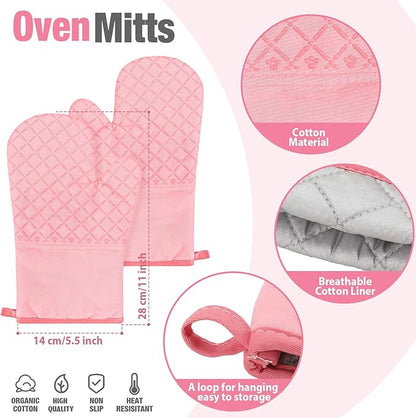 Sumind Pink Oven Mitts and Pot Holders 7 Sets, Heat Resistant Kitchen Gloves Pads Potholders for Mother Women Gifts Pot Holders Kitchen Accessories Gift(Pink,Rubber Cotton,Honeycomb) - Image 3