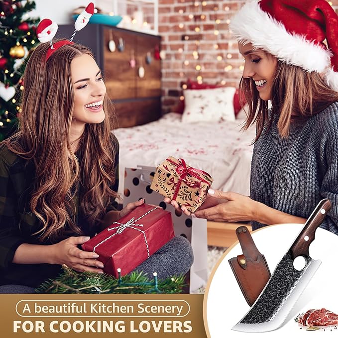 DRGSKL Hand Forged Meat Cleaver Knife Fathers Butcher Knives for Meat Cutting Full Tang Chef Knife with Belt Sheath and Gift Box High Carbon Steel for Kitchen or Camping, Gift for Dad - Image 6
