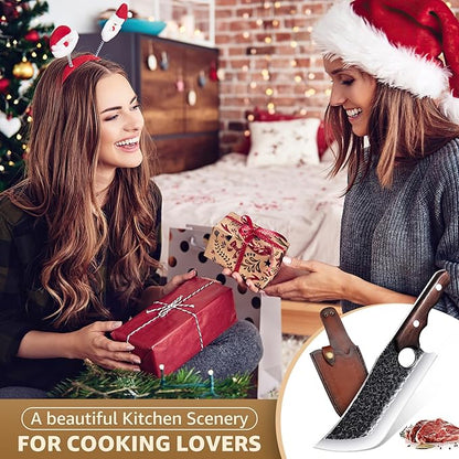 DRGSKL Hand Forged Meat Cleaver Knife Fathers Butcher Knives for Meat Cutting Full Tang Chef Knife with Belt Sheath and Gift Box High Carbon Steel for Kitchen or Camping, Gift for Dad - Image 6