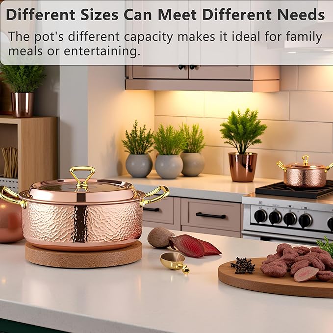 YJX 6.7QT Hammered Stock Pot with Lid, Copper Rose Gold, Tri-Ply Stainless Steel, Multi-Functional Cookware for Bake Roast Braise Saute, Magnetic Base, Dishwasher and Oven Safe (30CM)