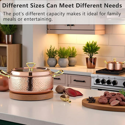 YJX 6.7QT Hammered Stock Pot with Lid, Copper Rose Gold, Tri-Ply Stainless Steel, Multi-Functional Cookware for Bake Roast Braise Saute, Magnetic Base, Dishwasher and Oven Safe (30CM)