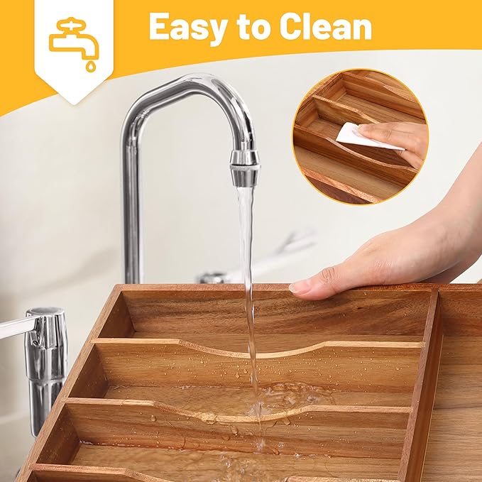 Kitchen Acacia Silverware Organizer - Extra Deep Grooved Drawer Divider, 7 Slot Utensil Organizer - Image 6