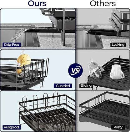 Large Dish Drying Rack, Expandable Dish Rack for Kitchen Counter, Dish Drainer with Drainboard Set, Multifunctional Dishrack with Utensil & Cup Holder, 13.4"-28.7" L x 11.8" W x 7.8" H, Black - Image 7