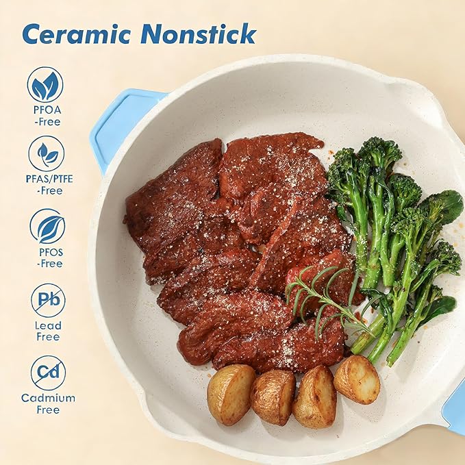 SENSARTE Nonstick Ceramic Skillet with Lid 12-inch, 5QT Non Toxic Deep Frying Pan, Saute Pan with Lid, Stay-cool Handle, Healthy Cooking Pot, Induction Compatible, Blue - Image 3