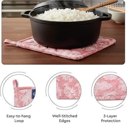 Encasa XO Heat Resistant 100% Cotton Oven Glove & Potholder Set with Loop, Kitchen Cooking Mittens, Microwave Safe Hot Pads (Floral Red)