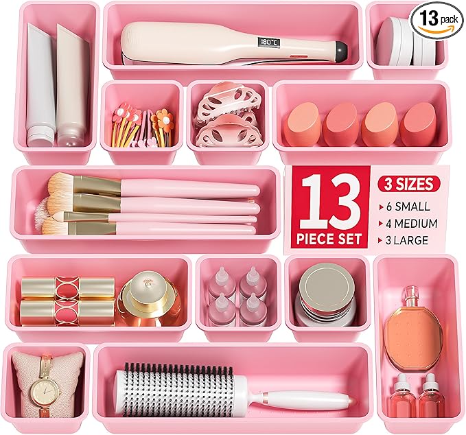 Canfanni 13 Pack Plastic Drawer Organizers Set, 3 Sizes Desk Drawer Organizer Trays for Vanity and Makeup Organizer, Organization and Storage for Makeup, Kitchen Utensils, Bathroom and Office(Pink) by Canfanni