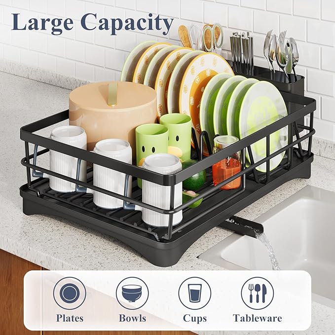 Dish Drying Rack - Rust Resistant Dish Drainer for Kitchen Counter with Drainboard & Rotating Spout, Large-Capacity Dish Rack with Removable Utensil Holder, Space-saving kitchen organizer, Black - Image 2