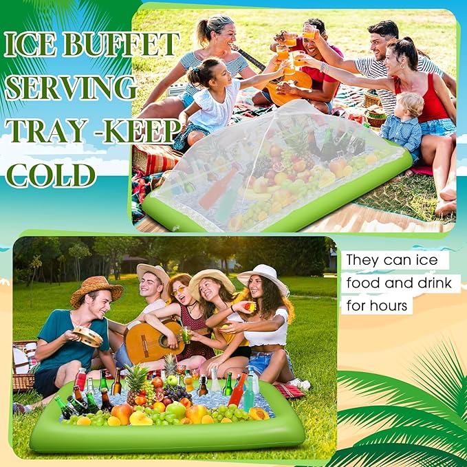 Leitee 3 Pcs Inflatable Serving Bar Kit Includes Salad Buffet Tray with Drain Plug Mesh Food Cover Food Drink Containers and Inflator for Ice Supplies Halloween Party Camping Picnic(Green)