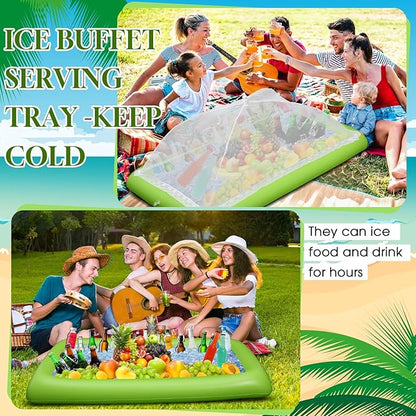 Leitee 3 Pcs Inflatable Serving Bar Kit Includes Salad Buffet Tray with Drain Plug Mesh Food Cover Food Drink Containers and Inflator for Ice Supplies Halloween Party Camping Picnic(Green)