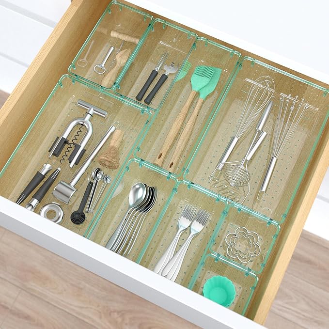 StorMiracle 13 PCS Clear Plastic Drawer Organizers Set, 4 Size Desk Drawer Organizer Trays for Makeup, Jewelry, Kitchen Utensils, Gadgets and Office Accessories, Sea Blue - Image 6