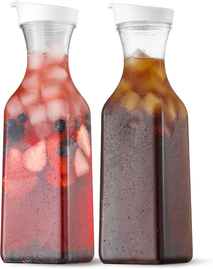 NETANY Plastic 50 Oz Water Carafe with Flip Top Lid, Set of 2 Square Base Juice Containers, Clear Plastic Pitcher - for Water, Iced Tea, Juice, Beverage, Cold Brew and Mimosa Bar - HAND WASH ONLY by NETANY