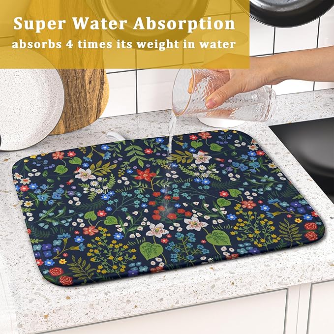 Flower Floral Dish Drying Mat Microfiber Navy Blue Absorbent Drying Pad for Kitchen Counter Small - Image 7
