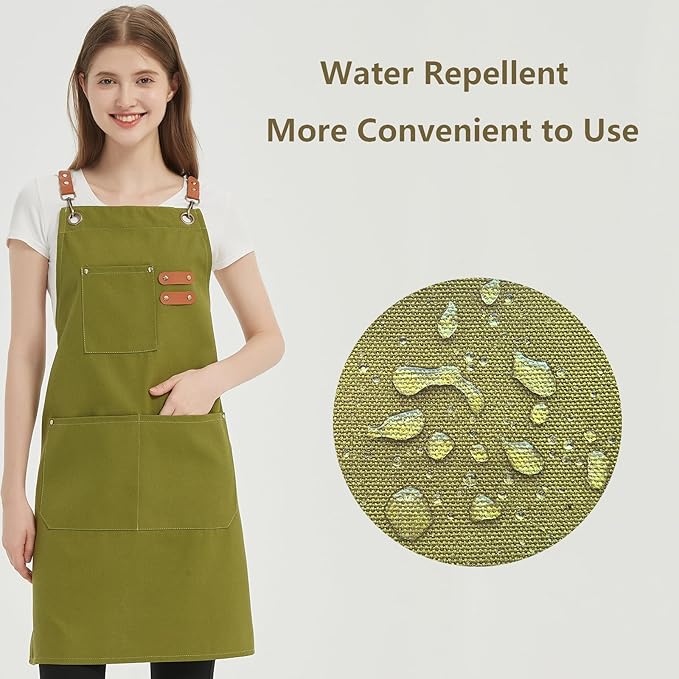 AFUN Chef Aprons for Women Men with Oversized Pockets, 12-Ounce Cotton Canvas Cross Back Water Repellent Apron (Army Green) - Image 3