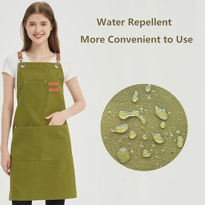 AFUN Chef Aprons for Women Men with Oversized Pockets, 12-Ounce Cotton Canvas Cross Back Water Repellent Apron (Army Green) - Image 3