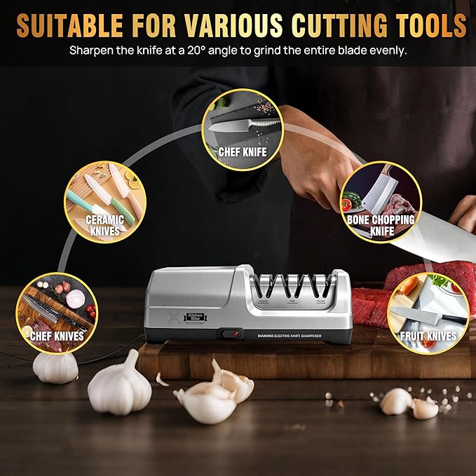 Electric Knife Sharpener for Kitchen—Fast Sharpening to Restore and Polish Chef Straight and Serrated Knives with 3 Stages & 20° Angle System with Metal Dust Box