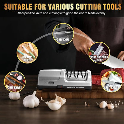 Electric Knife Sharpener for Kitchen—Fast Sharpening to Restore and Polish Chef Straight and Serrated Knives with 3 Stages & 20° Angle System with Metal Dust Box