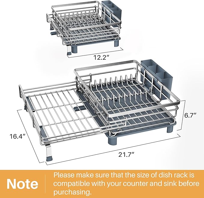 SNTD Dish Drying Rack - Extendable Dish Rack, Large Sink Drying Dish Drainer for Kitchen Counter, Stainless Steel Dish Strainer with Utensil Holder (Silver) - Image 6
