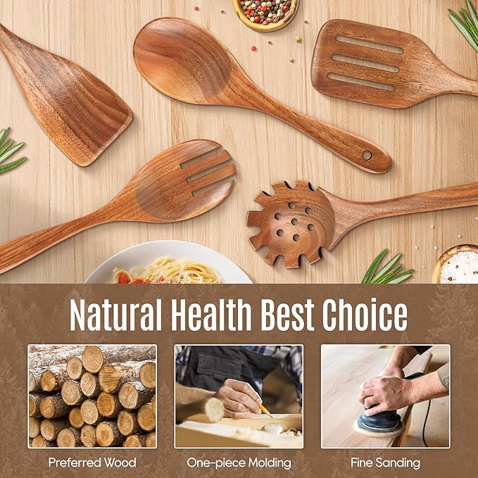 5 PCS Wooden Spoons for Cooking Natural Teak Kitchen Utensils Set Smooth Non-Stick Surface Cooking Utensils Set Soft Comfort-Grip Wooden Spatula Set - Image 2