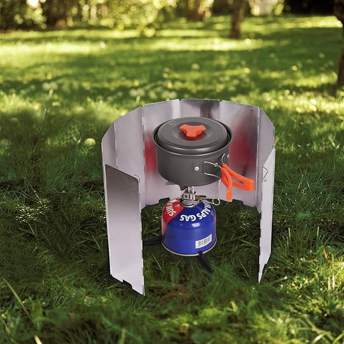 REDCAMP 2pcs Folding Outdoor Stove Windscreen, 10 Plates Aluminum Camping Stove Windshield with Carrying bag, Lightweight Butane Burner Windshield, 2 Pack
