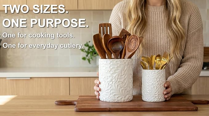 25DOL Large 7.3"+5.4" Engraved Ceramic Utensil Holder for Countertop, Cooking Utensils Organizer for Spatula, Large Utensils Crock for Kitchen Counter, Kitchen Decor, set of 2, White - Image 2