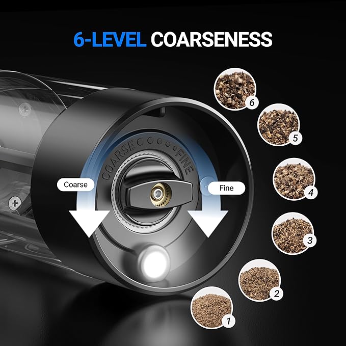 ThermoMaven Electric Salt and Pepper Grinder Set, 110ml Larger Rechargeable Automatic Salt and Pepper Mill Grinder with 6 Adjustable Coarseness, Salt and Pepper Shakers, LED, 2 Packs, Black & White - Image 4