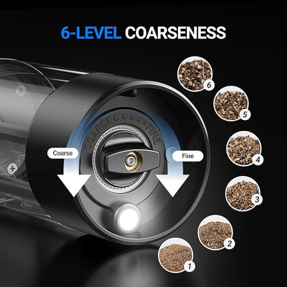 ThermoMaven Electric Salt and Pepper Grinder Set, 110ml Larger Rechargeable Automatic Salt and Pepper Mill Grinder with 6 Adjustable Coarseness, Salt and Pepper Shakers, LED, 2 Packs, Black & White - Image 4