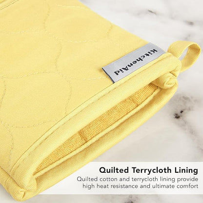 KITCHENAID Quilted Cotton Terry Cloth Oven Mitt, Pot Holder, Kitchen Towel 4-Pack Set, Heat Resistant, Silicone Grip, 16"x26", 7"x13" & 7"x10", Butter Yellow - Image 9