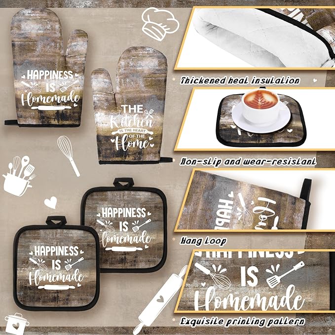 Fourluoo 10 Pcs Farmhouse Kitchen Decor and Accessories Set 4 Kitchen Towels 2 Pot Holders 2 Oven Mitts 2 Rugs for Cooking Baking Mom Housewarming Gifts(Brown Gray,Classic Style) - Image 5