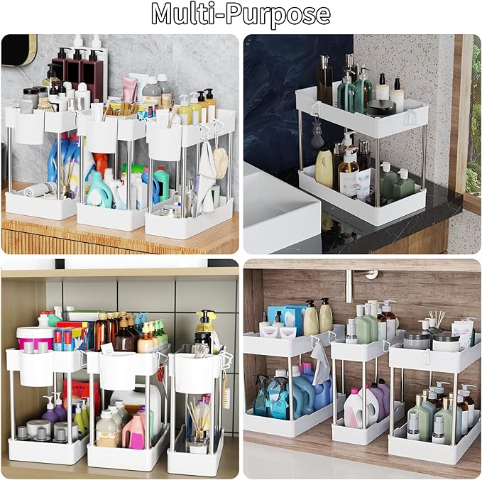 3 Pack Under Sink Organizers and Storage, 2 Tier Bathroom Cabinet Organizer Shelf with Hanging Cups for Kitchen & Bathroom (White) - Image 7