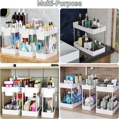 3 Pack Under Sink Organizers and Storage, 2 Tier Bathroom Cabinet Organizer Shelf with Hanging Cups for Kitchen & Bathroom (White) - Image 7
