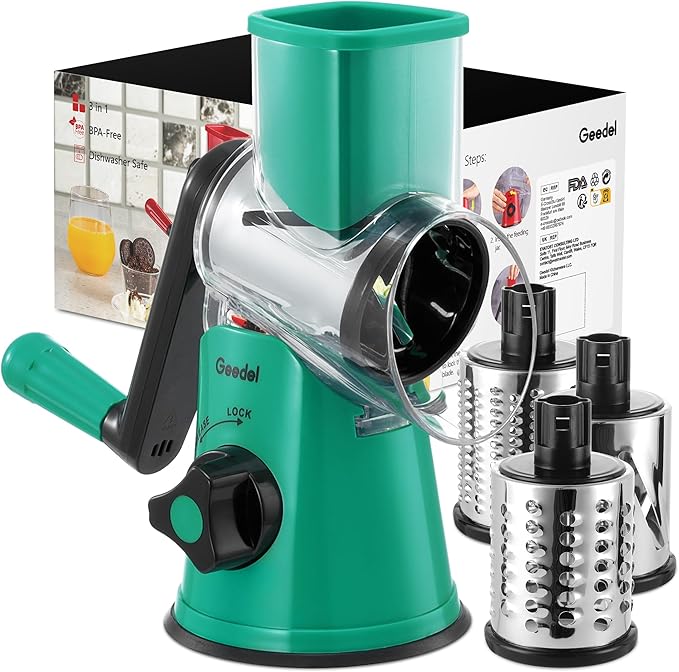 Geedel Rotary Cheese Grater with 3 Interchangeable Blades, Kitchen Mandoline Vegetable Slicer for Fruit, Nuts , Easy to Clean by Geedel