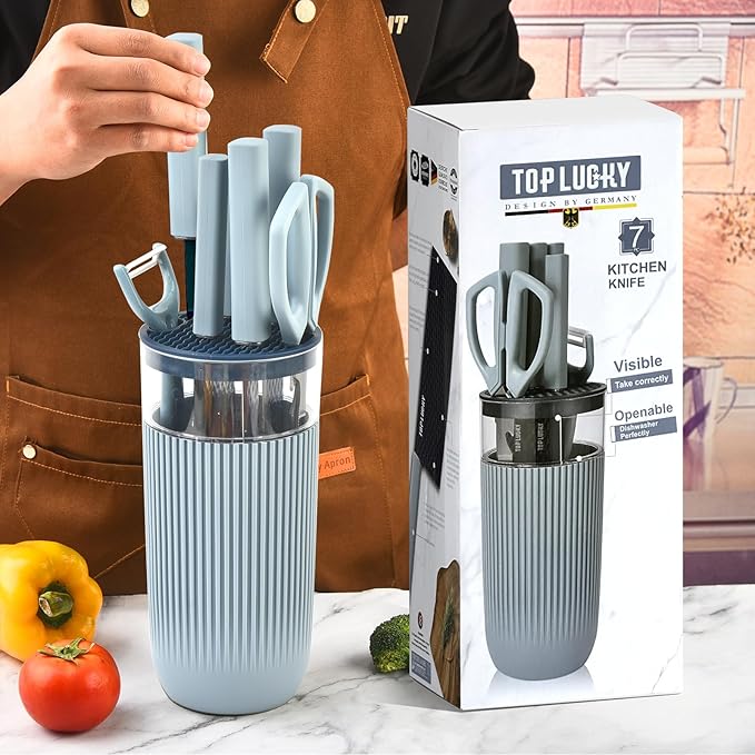 Knife Set, 7-Piece Kitchen Knife Set with Sharp Chef and Meat Knives, Anti-Rust Utility Knives Set for Kitchen, Kitchen Knife Block Set（Blue）