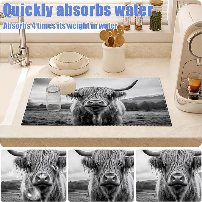 Highland Cow Dish Drying Mat for Kitchen Counter Drying Pad Absorbent Reversible Dish Drainer Rack Mats Draining Pad 18"x24"Inch - Image 4