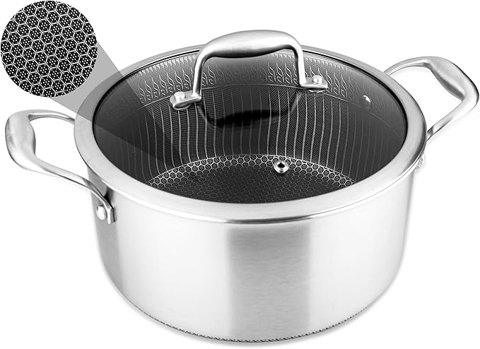 NutriChef 5 QT Stainless Steel Stew Pot - Triply Kitchenware Stew Pot with Glass Lid - DAKIN Etching Non-Stick Coating, Scratch-resistant Raised-up Honeycomb Fire Textured Pattern - NutriChef NC3PCAS