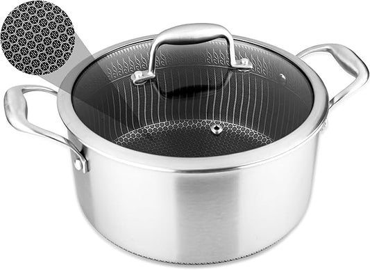 NutriChef 5 QT Stainless Steel Stew Pot - Triply Kitchenware Stew Pot with Glass Lid - DAKIN Etching Non-Stick Coating, Scratch-resistant Raised-up Honeycomb Fire Textured Pattern - NutriChef NC3PCAS