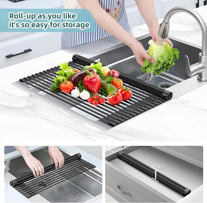 Ohuhu Sink Drying Rack, 20.5" W x 16.1" L Over Sink Roll-Up Dish Drainer - Rolling Foldable Accessories Heat-Resistant Mat Anti-Slip Silicone Coated Multipurpose for Kitchen Counter - Image 6