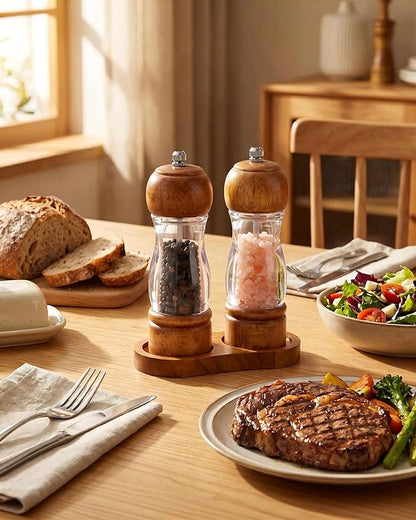 Wooden Salt and Pepper Grinder Set with Tray - 6.3 Inch Refillable Manual Pepper Mill & Sea Salt Grinder, Acrylic Window, Adjustable Ceramic Rotor for Peppercorns, House Warming Gifts - Image 8