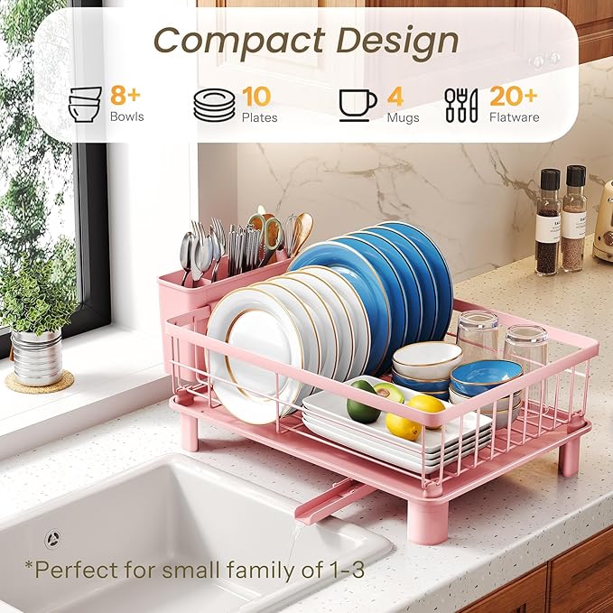 SNTD Dish Drying Rack - Small Dish Rack for Kitchen Counter, Stainless Steel Dish Drainer with Utensil Holder and Drainboard, 11" W x 15" L (Pink) - Image 3