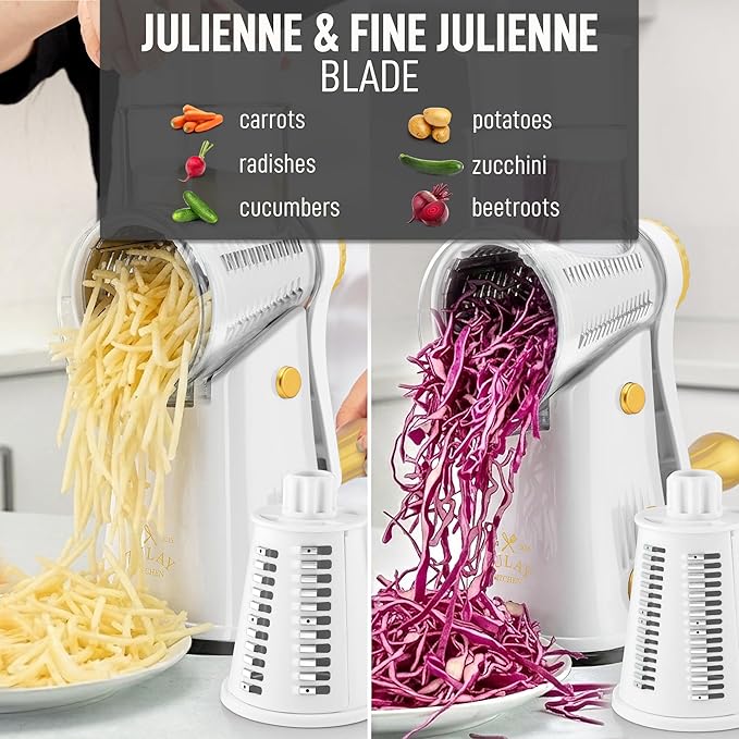 Zulay Kitchen Rotary Cheese Grater 5 Blade Cheese Shredder - Manual Hand Crank Cheese Grater With Reinforced Suction & 5 Interchangeable Drums - Easy to Use, Vegetable Chopper Round Mandoline Slicer - Image 6