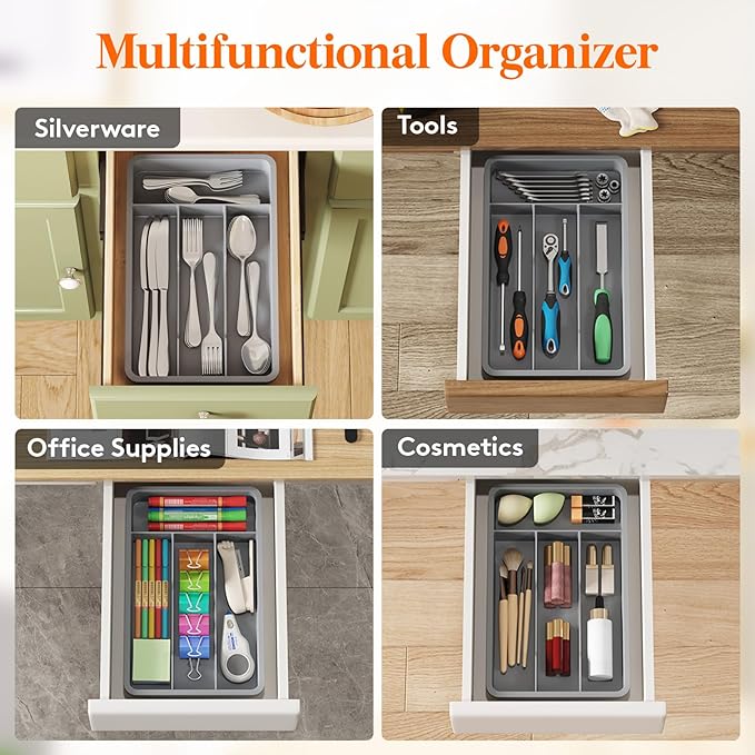 Lifewit Silverware Drawer Organizer Tray, Plastic Cutlery Storage for Kitchen, Flatware and Utensil Holder Divider for Spoons Forks Knives Tableware, 7.8 x 12.4", 4 Slots, Gray - Image 8