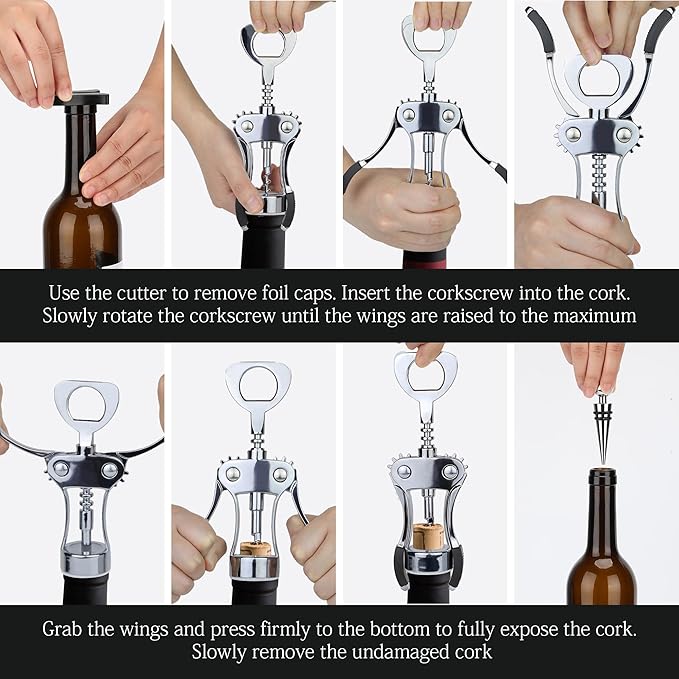 Wine Opener with Stopper, Cutter - Wine Bottle Opener Bundle, Zinc Alloy Wing Corkscrew Heavy Duty, Cork Screw Beer Opener for Bartenders, Multifunctional Bottle Opener for Kitchen, Restaurant, Bar - Image 7