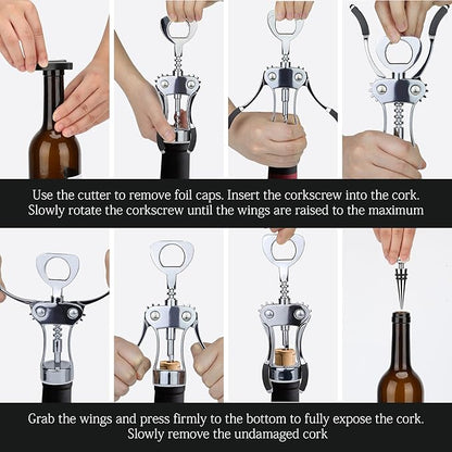 Wine Opener with Stopper, Cutter - Wine Bottle Opener Bundle, Zinc Alloy Wing Corkscrew Heavy Duty, Cork Screw Beer Opener for Bartenders, Multifunctional Bottle Opener for Kitchen, Restaurant, Bar - Image 7