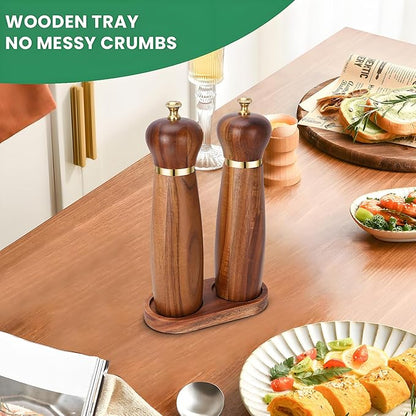 Acacia Wood Salt and Pepper Grinder Set with Base, 8-Inch Manual Pepper Mill Grinder with Adjustable Coarseness, 2 Pack Wooden Salt and Pepper Shakers Set